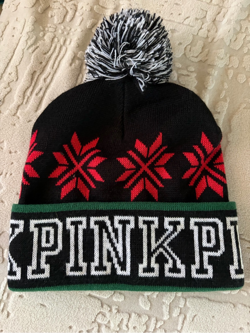 PINK Victoria's Secret Black and Red Knit Pom Beanie